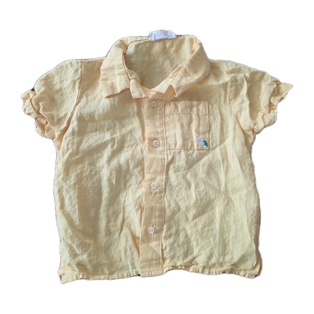 Fanm Mon x Minnow Boys Linen Shirt Size 3/4T Yellow Embroidered Floral Button Up